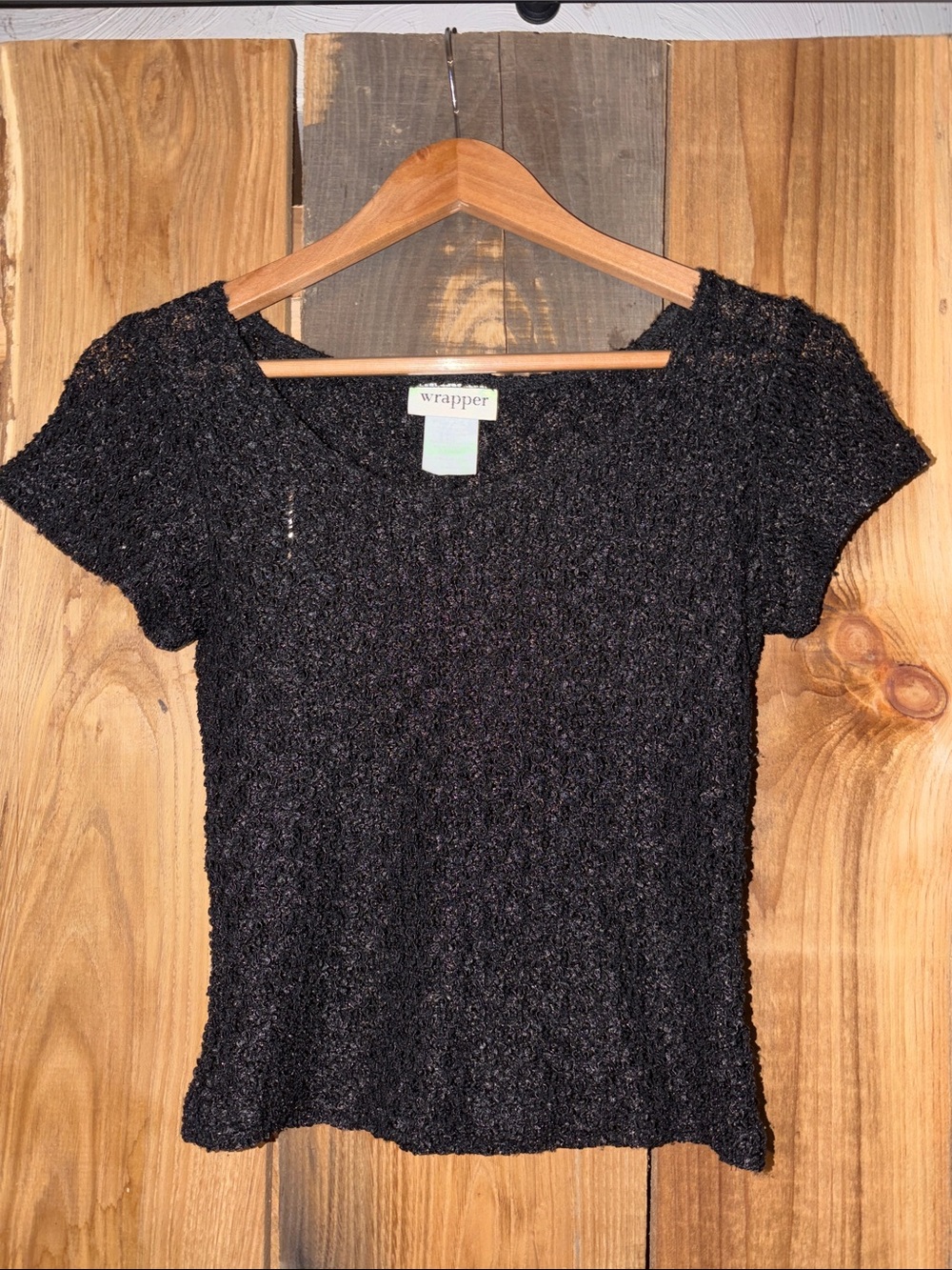 Vintage/Y2K Wrapper Black Textured Short Sleeve Crop Top
